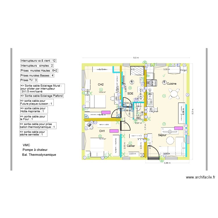 Pibrac Projet Elec & disposit° bis bis. Plan de 3 pièces et 69 m2
