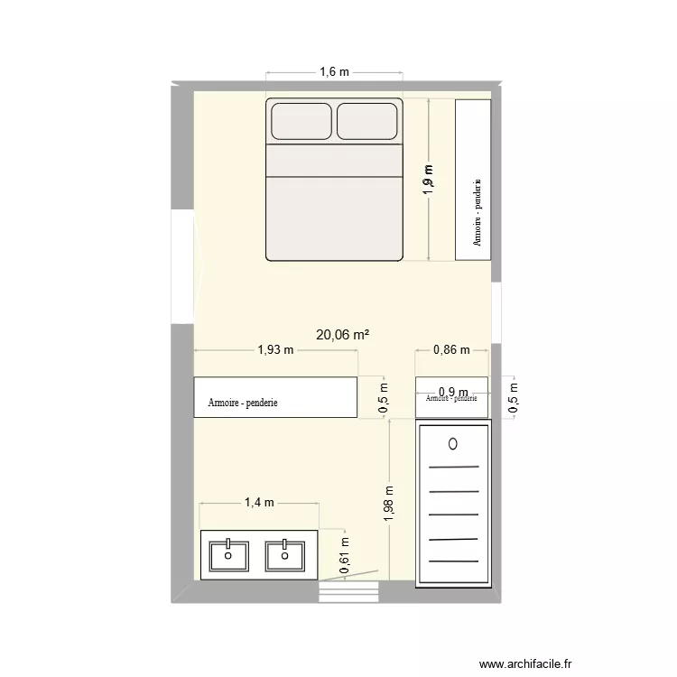 Chambre parental 2026 DOUCHE DROITE. Plan de 1 Pièce et 20 m²