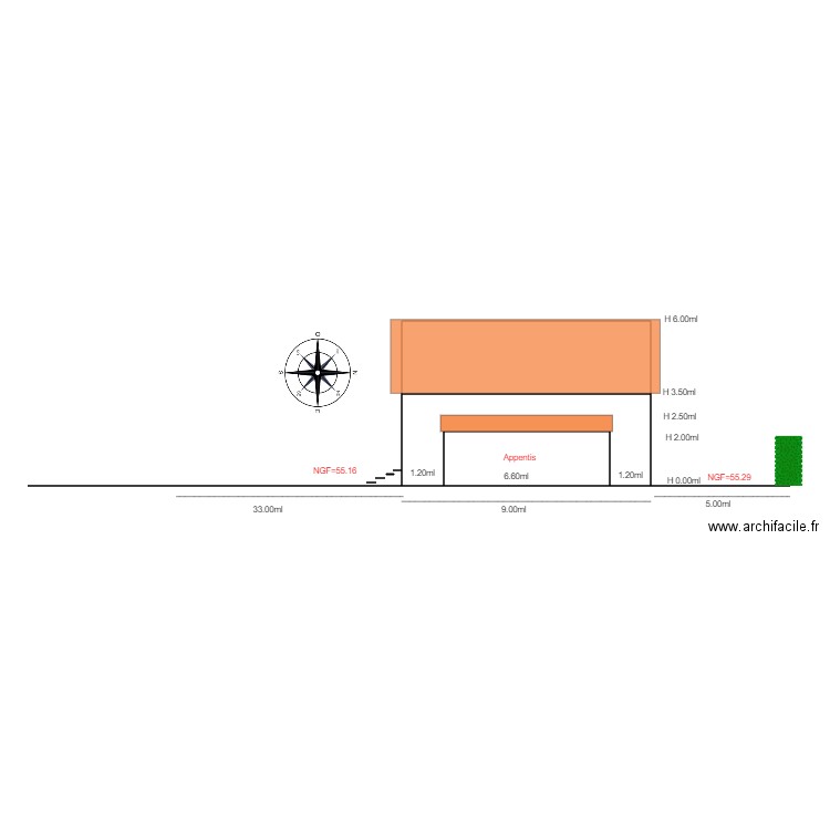 Facade EST     chalet 79. Plan de 2 pièces et 53 m2