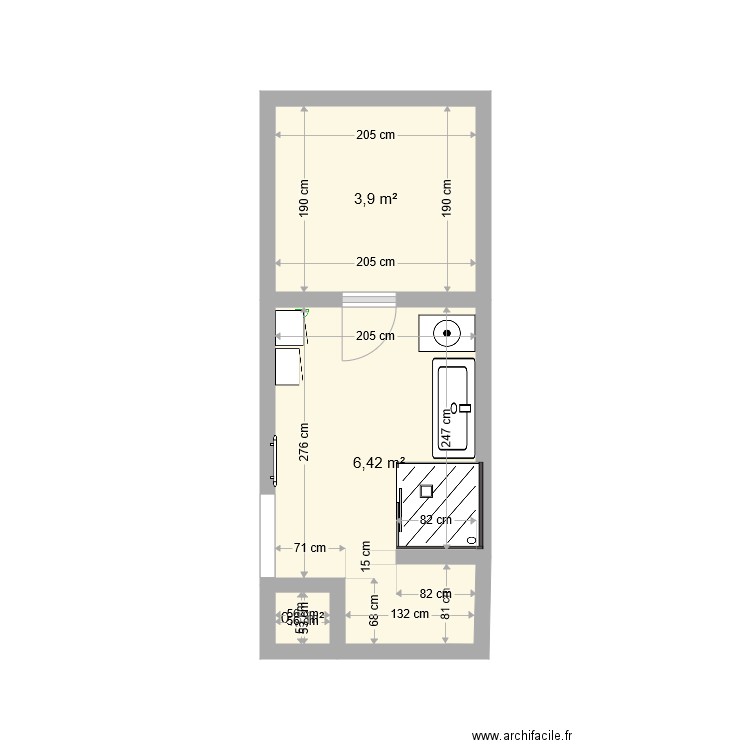 SDB RCh V2. Plan de 3 pièces et 11 m2