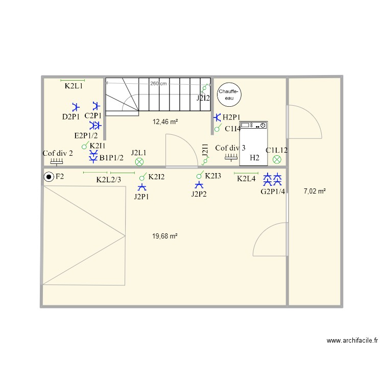 Implantation cave. Plan de 3 pièces et 39 m2