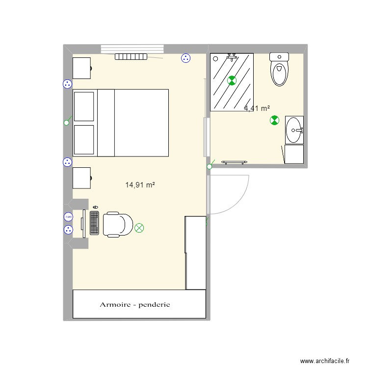 chambre bas. Plan de 2 pièces et 19 m2