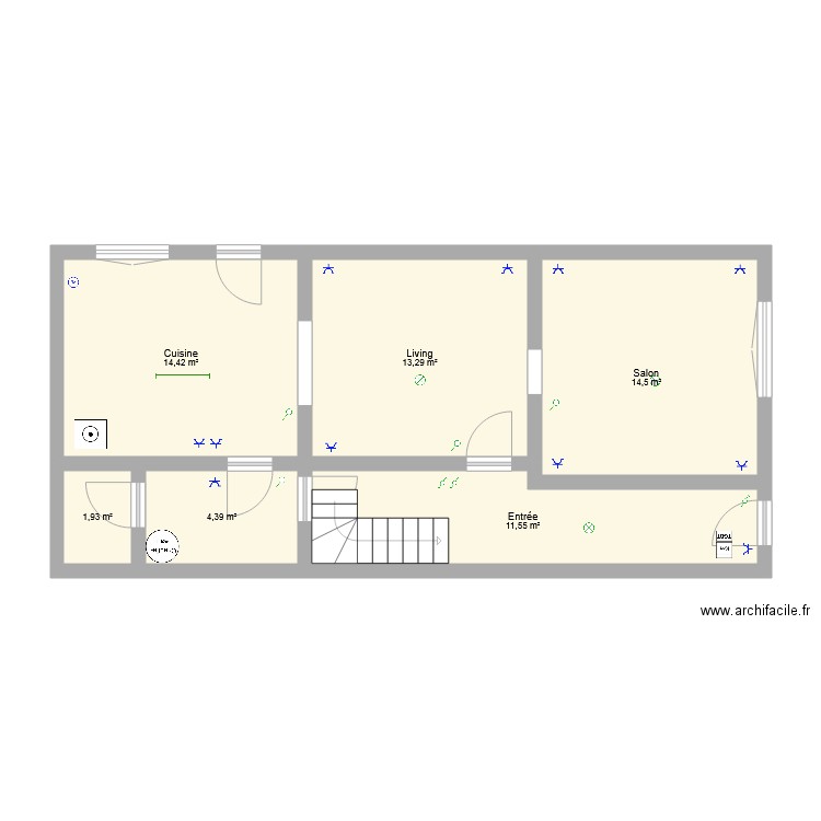 Remou REZ. Plan de 6 pièces et 60 m2