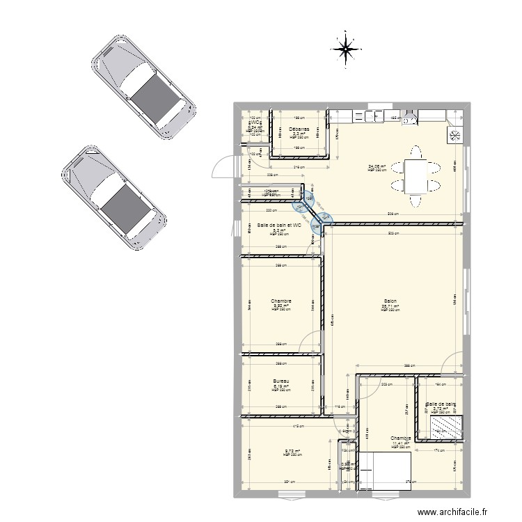 Une baraque pas trop grande (plus en L). Plan de 12 pièces et 105 m2