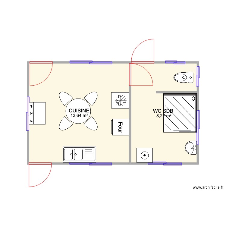 PLAN CUISINE WC SDB UEUE1 EST RIMATARA . Plan de 2 pièces et 21 m2