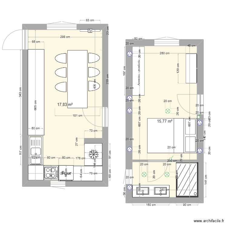 garage transforme en chambre. Plan de 2 pièces et 34 m2