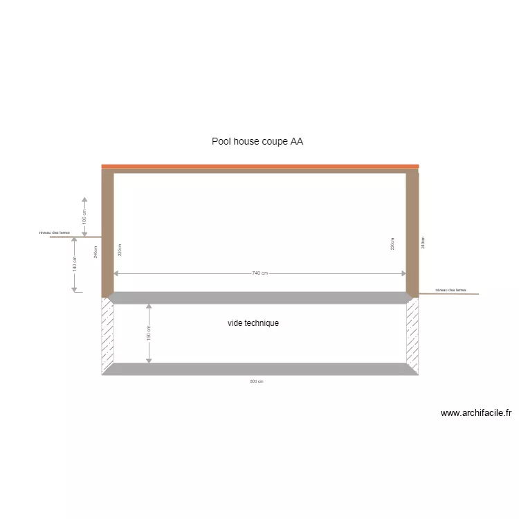 poool house COUPE AA. Plan de 