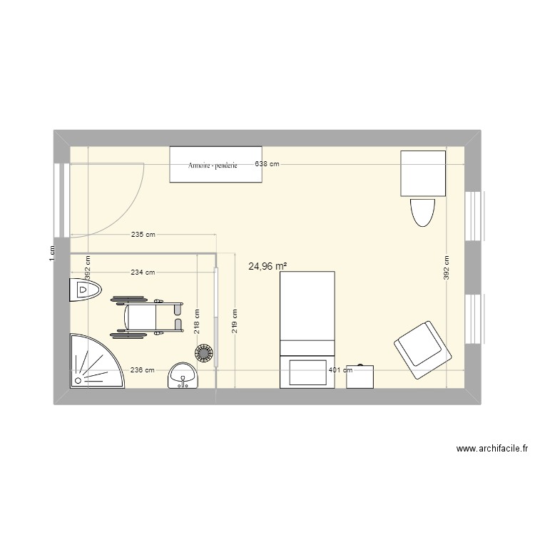 Chambre individuelle. Plan de 1 pièce et 25 m2