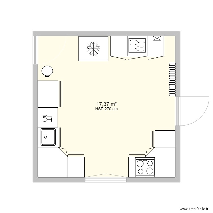 Cuisine SHSM avec meuble sans cotation. Plan de 1 pièce et 17 m2