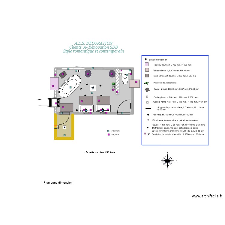 Plan Plan avec murs, couleurs, sol; mobilier, appliques, vasques et accessoires. Plan de 2 pièces et 13 m2