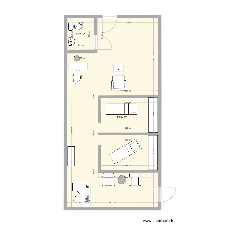 Salon Vahine institut . Plan de 2 pièces et 63 m2