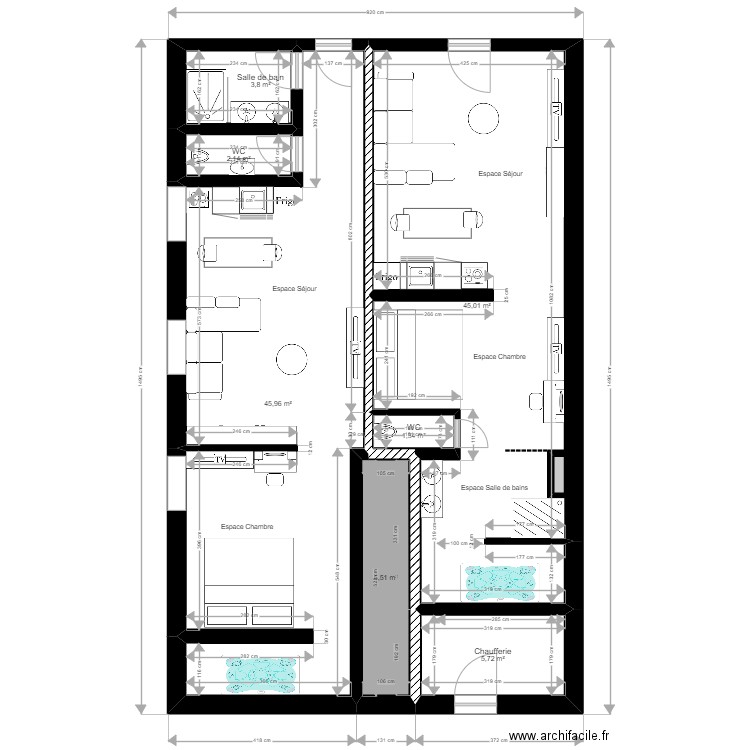 PLAN LOVE ROOMS sans cloison. Plan de 8 pièces et 110 m2