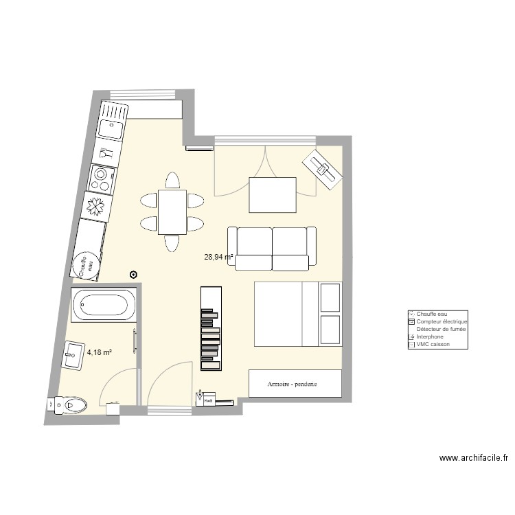 Le Perreux 7. Plan de 2 pièces et 33 m2