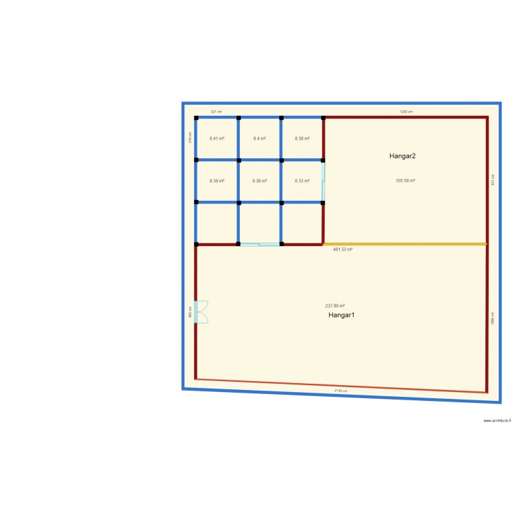 amenagement premier hangar150421. Plan de 9 pièces et 875 m2