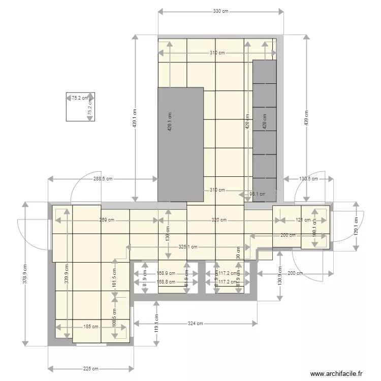 CARRELAGE CUISINE  75x75 joint 4mm. Plan de 