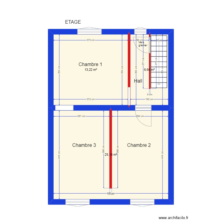 VILLERS LA VILLE ETAGE. Plan de 3 pièces et 45 m2