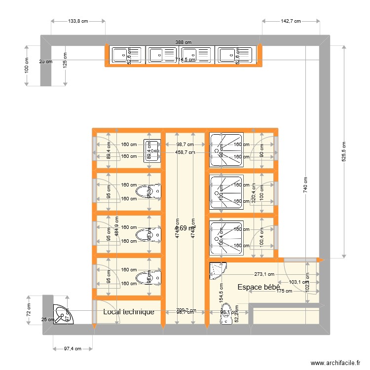 Lac Bleu - plan sanitaires coté restaurant. Plan de 12 pièces et 22 m2