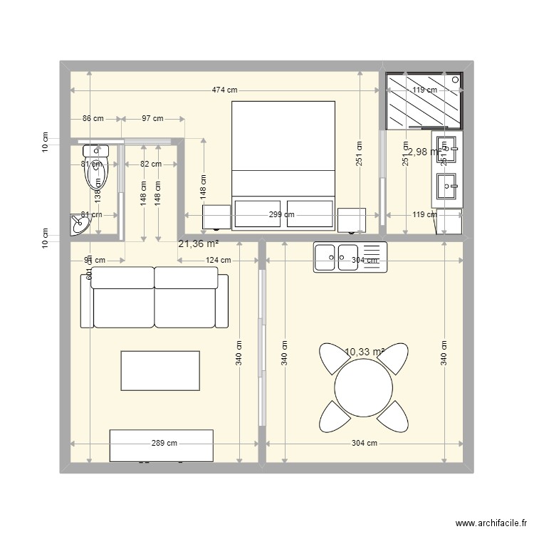 bungalow2. Plan de 3 pièces et 35 m2