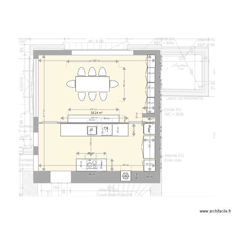 cuisine filolie. Plan de 1 pièce et 38 m2