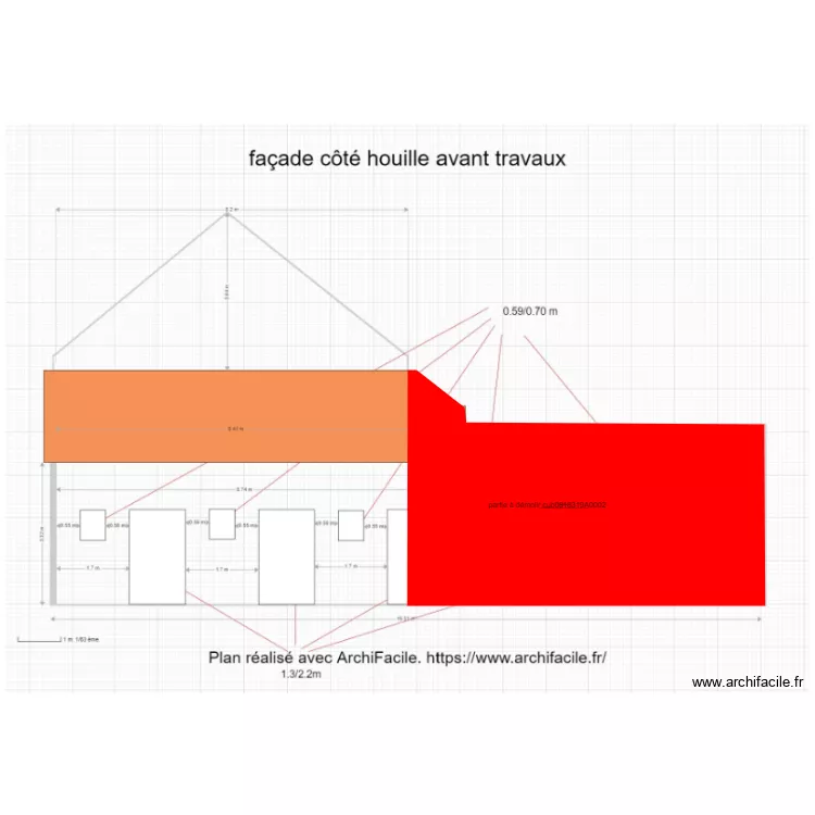 fa&ccedil;ade c&ocirc;t&eacute; houille apr&egrave;s travaux. Plan de 