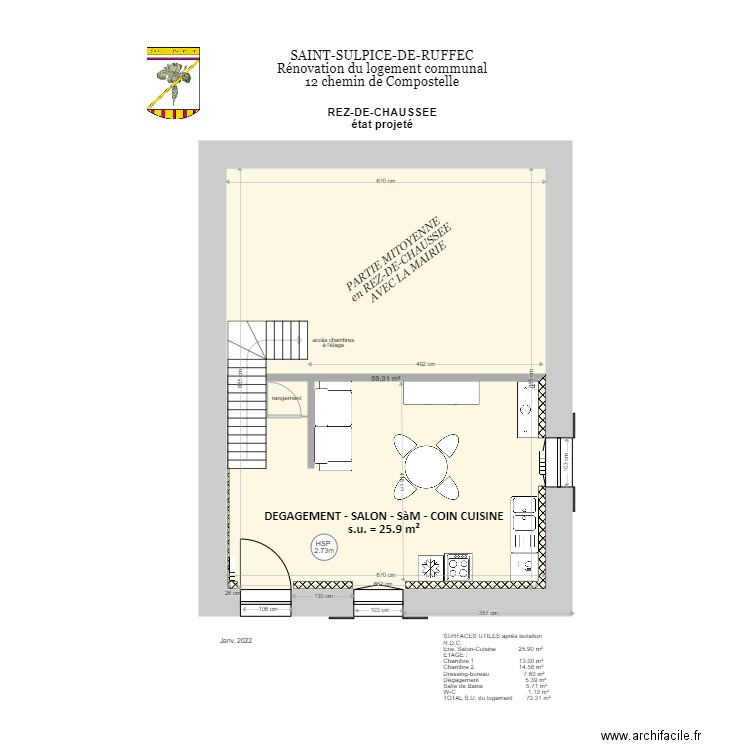 logement communal RDC - Sept 2022. Plan de 1 pièce et 59 m2