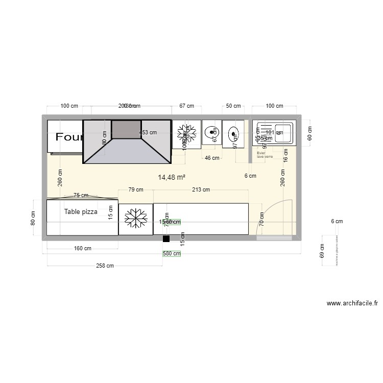 snack. Plan de 1 pièce et 14 m2