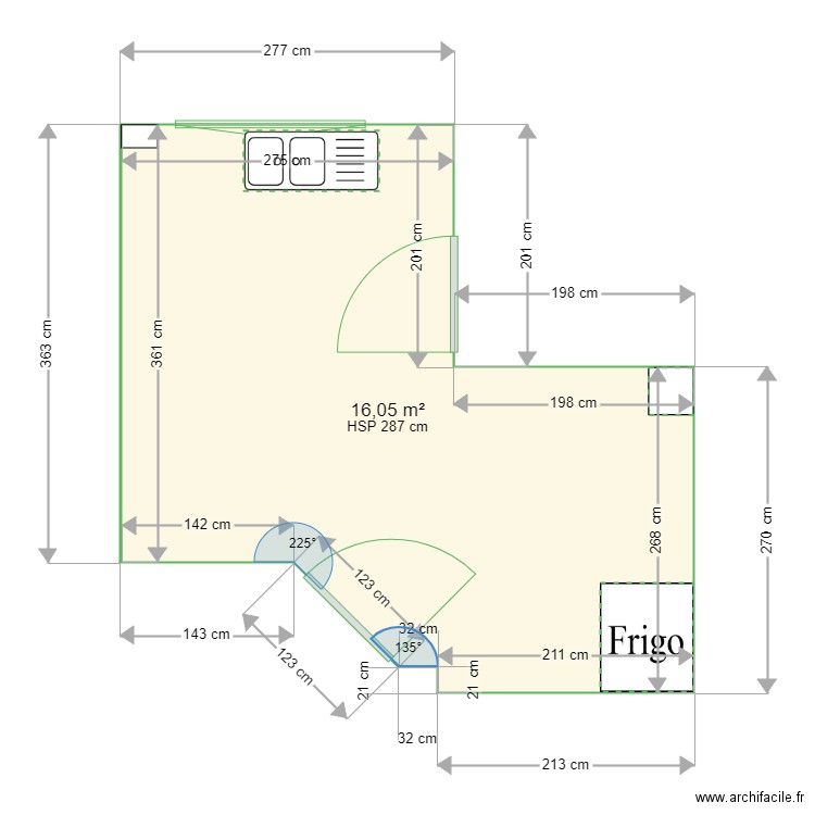 cuisine vide. Plan de 1 pièce et 16 m2