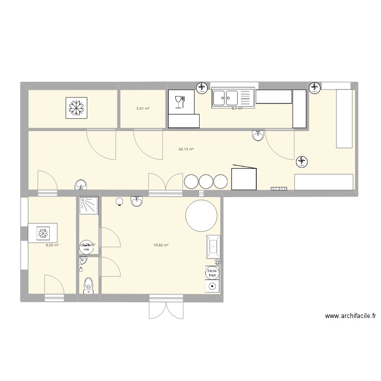 fromagerie. Plan de 6 pièces et 85 m2