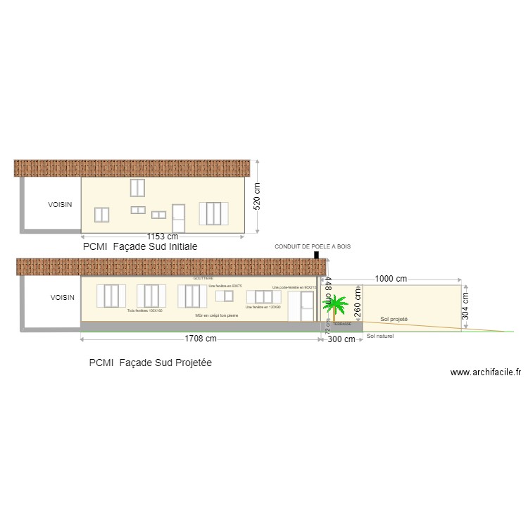 PCMI 5 Façace sud. Plan de 1 pièce et 56 m2