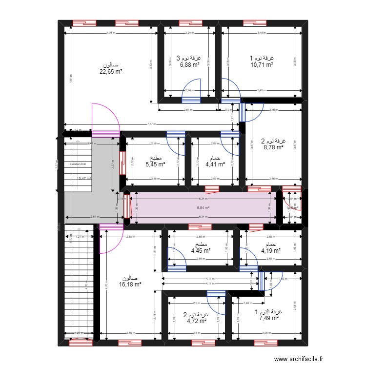 1er étage proposition 2. Plan de 14 pièces et 121 m2
