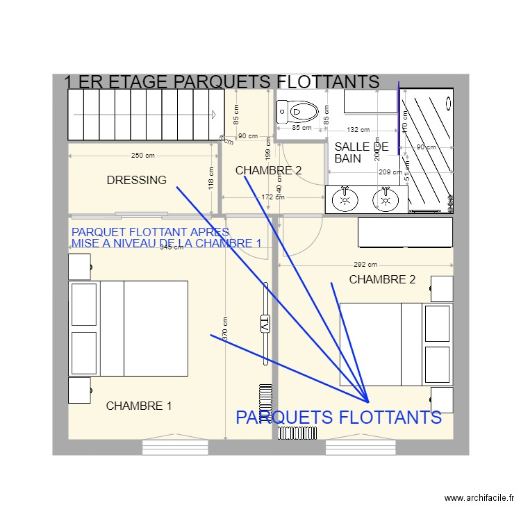 PARQUETS FLOTTANS 1ER ETAGE. Plan de 3 pièces et 31 m2