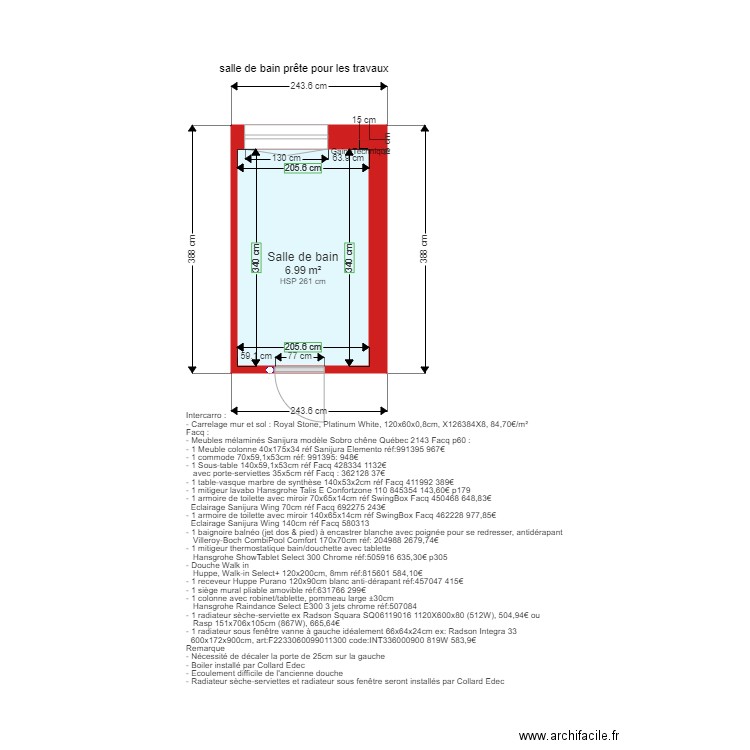 202009230030 salle de bain prete pour les travaux et liste matériel. Plan de 1 pièce et 7 m2