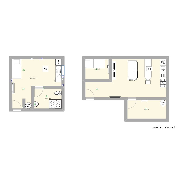 stduio. Plan de 5 pièces et 55 m2