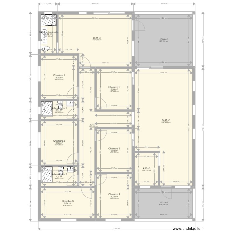 plan maison en dur 6 ch + suite. Plan de 15 pièces et 169 m2