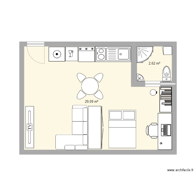 Plan petit appart. Plan de 2 pièces et 32 m2