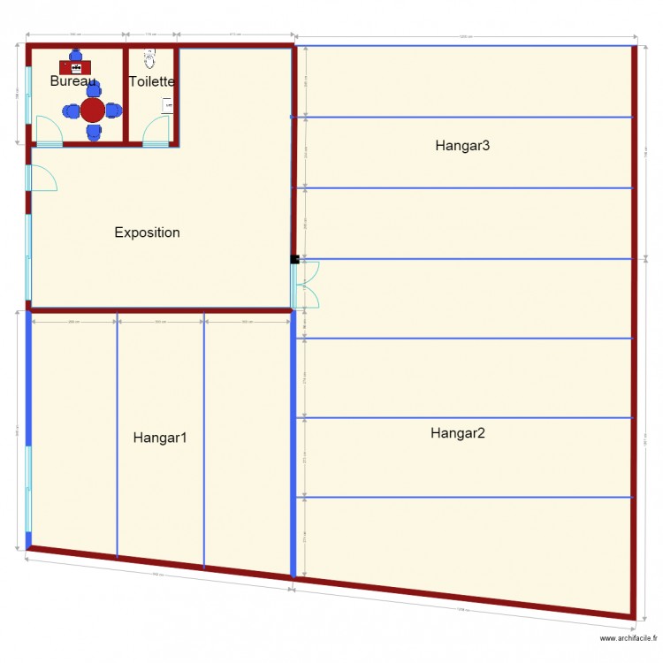 hangar cloisonné Q10 charpente metallique. Plan de 6 pièces et 380 m2