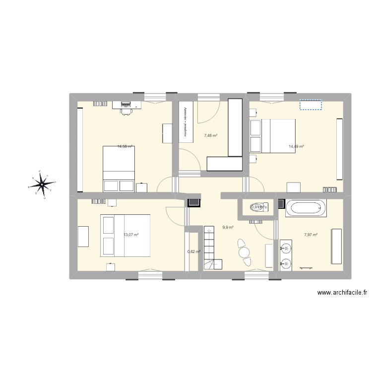 Maison 1 etage. Plan de 8 pièces et 69 m2