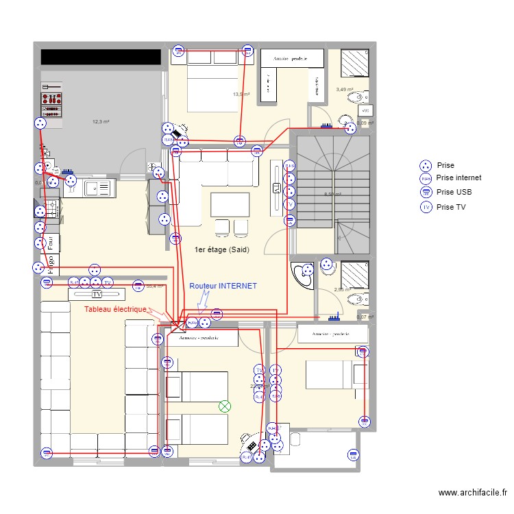 Maison El Houda Electricité- Appt N°1 (Said). Plan de 11 pièces et 121 m2