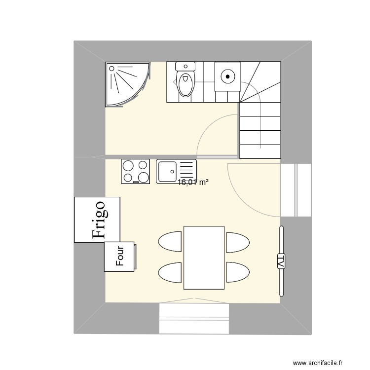 aménagement provisoire. Plan de 1 pièce et 16 m2