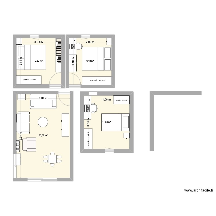 ILLURIC CHAMBRES FILLES. Plan de 5 pièces et 62 m2