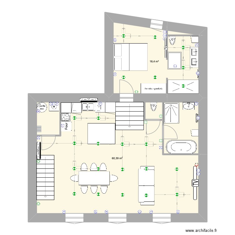 R+2 Troisième appart. Plan de 1 pièce et 60 m2
