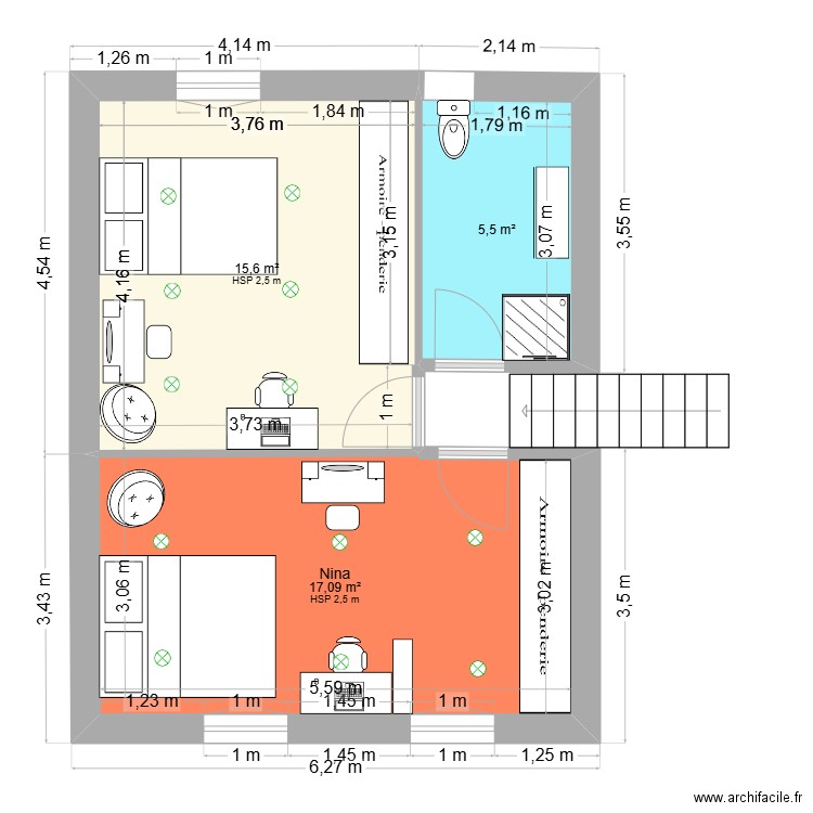 étage. Plan de 3 pièces et 38 m2