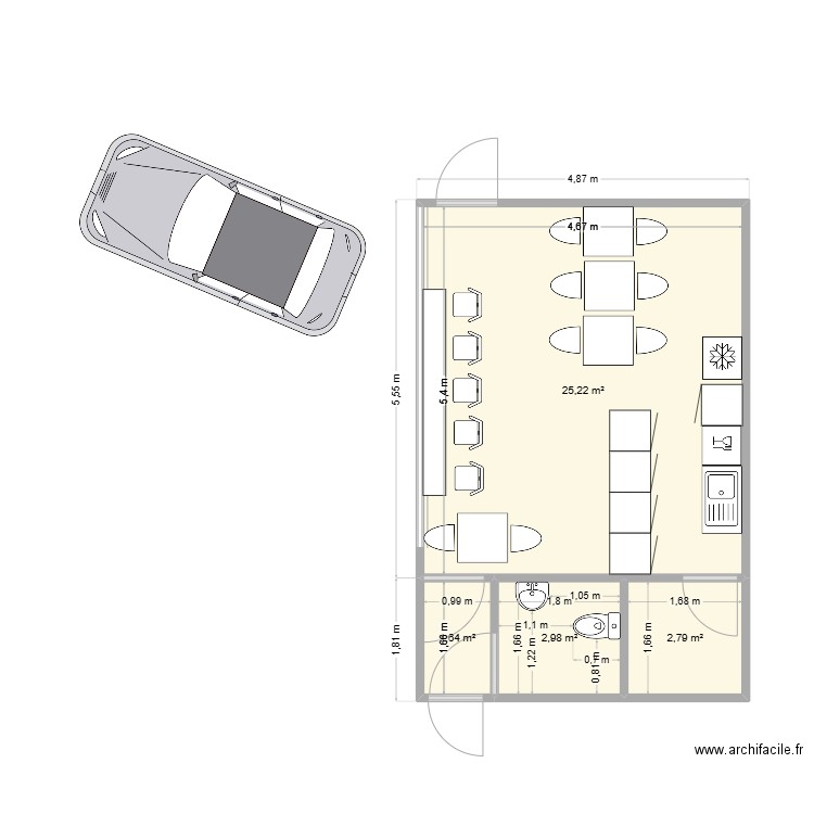 Café WC handicap. Plan de 4 pièces et 33 m2