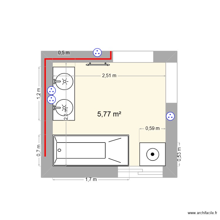 SDB bas. Plan de 1 pièce et 6 m2