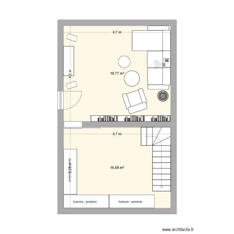 1er étage grange. Plan de 2 pièces et 36 m2