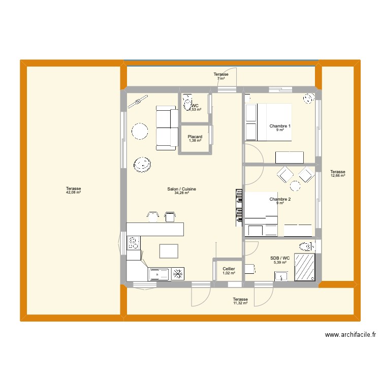 Maison 64m2. Plan de 0 pièce et 0 m2
