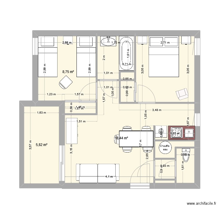 cuisine claire rive. Plan de 11 pièces et 49 m2