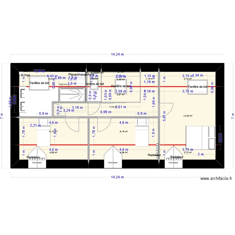 Plan pour calcul surface inférieur à 1m80. Plan de 14 pièces et 67 m2