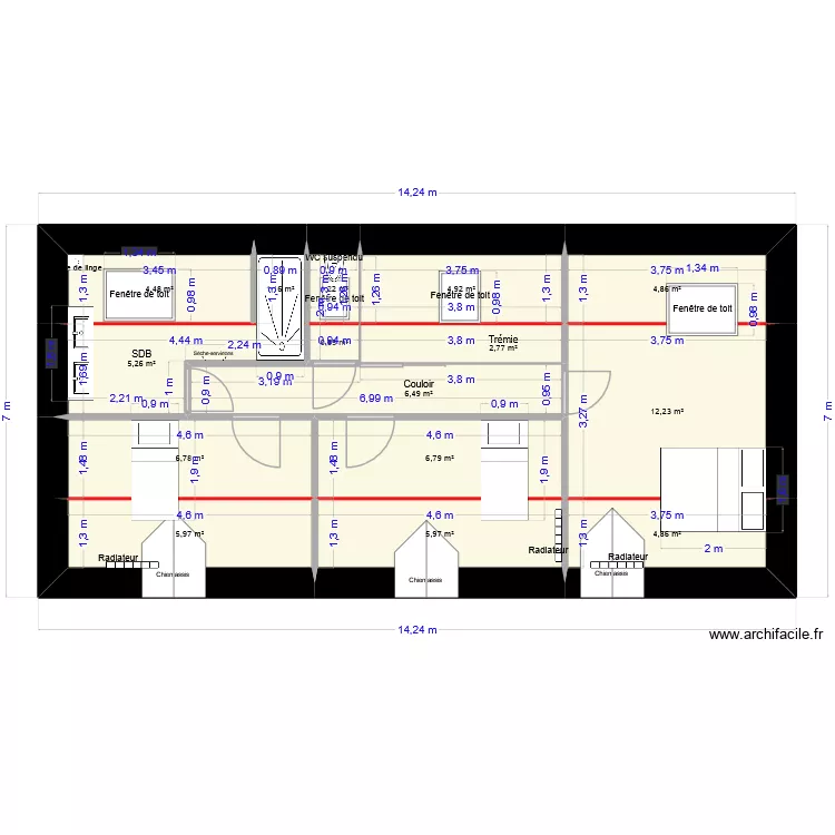 Plan pour calcul surface inf&eacute;rieur &agrave; 1m80. Plan de 15  et 74 m²