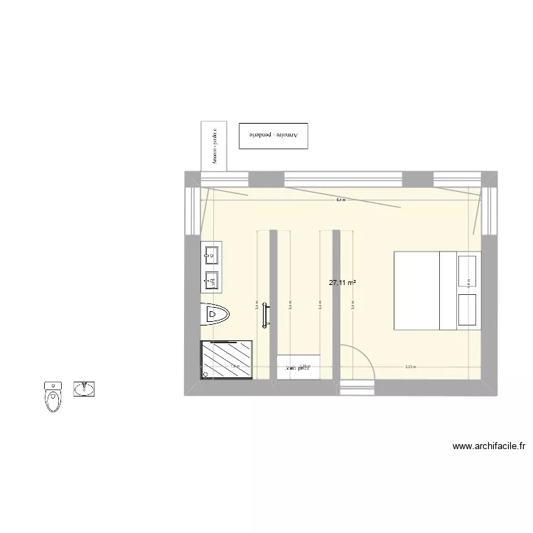 Plan chambre  salle de bain avec dressing 1 entr&eacute;e. Plan de 1  et 27 m²